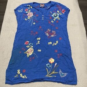 JOHNNY WAS Jessi Dress Blue Medium Linen Bohemian Embroidered Button Flower